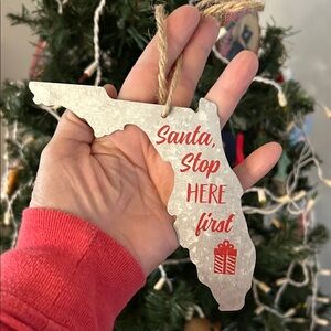 Florida state Santa stop here Christmas tree ornament metal on jute string
